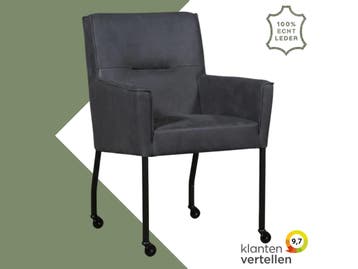 Leren eetkamerstoel met wieltjes en armleuning Lucky -, Bohemian, Industrieel, Modern, Scandinavisch, Blauw, Nieuw, Leer