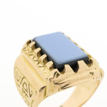 Gouden zegel/pinkring met blauwe lagensteen, 18 tot 19, Gebruikt, Heer, Ophalen of Verzenden