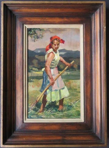Europese school (XX) - Junge Bäuerin bei der Heuernte, Antiek en Kunst, Kunst | Schilderijen | Klassiek