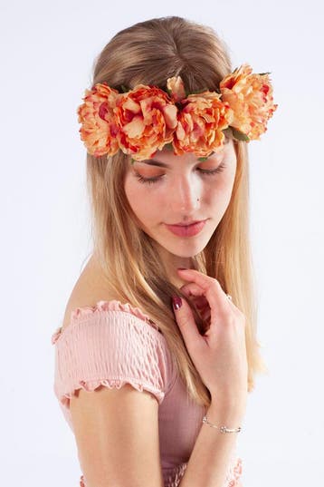 KIMU® Bloemenkrans Haar Pioenrozen Oranje Koraal Bloemen Haa, Kleding | Dames, Carnavalskleding en Feestkleding, Ophalen of Verzenden