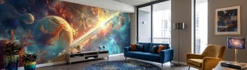 Ruimte behang – ringplaneten in goud en blauw, Overige merken, Ophalen of Verzenden, Fotobehang, Abstract