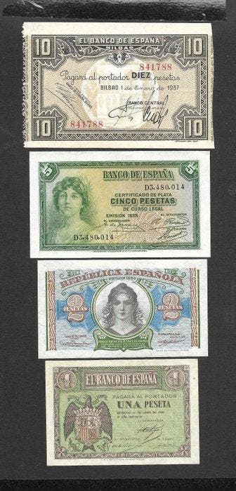 Spanje. - 1, 2, 5, 10 Pesetas - 1935/1938 (Zonder