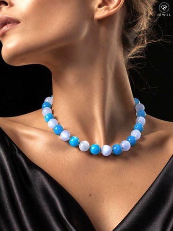 Ketting met Aquamarijn en Blauwe Chalcedoon - 925