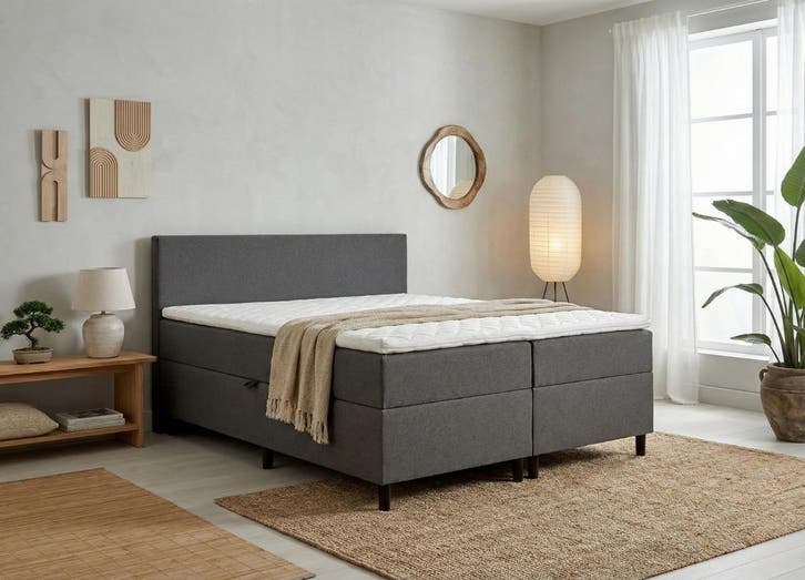 Opberg Boxspring Eefje - Antraciet - 140 x 220 cm, Huis en Inrichting, Slaapkamer | Boxsprings, 220 cm, Overige kleuren, 140 cm