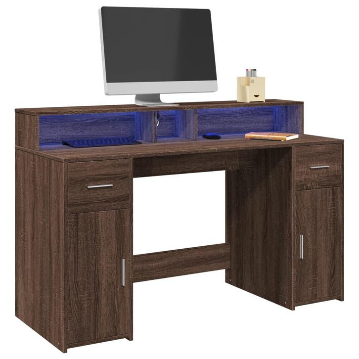 vidaXL Bureau met LED-verlichting 140x55x91 cm hout bruin, Huis en Inrichting, Bureaus, Nieuw, Verzenden