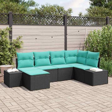 vidaXL Tuin Sofa Set 6 st Zwart en Turquoise poly rattan, Verzenden, Nieuw, Rotan, 6 zitplaatsen