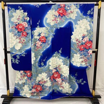 Japanse vintage kimono furisode, blauwe zijde, duur,