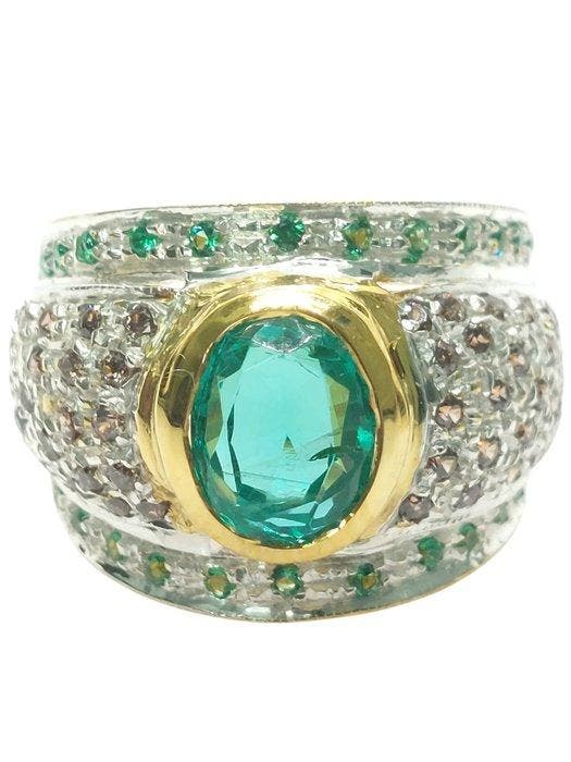 Zonder minimumprijs - Ring - 9 kt. Zilver, Geel goud Smaragd, Sieraden, Tassen en Uiterlijk, Ringen