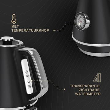 Waterkoker - Retro - met thermometer - 1.7L - 2200W - Zwart, Verzenden, Zo goed als nieuw