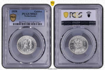 Koningin Juliana zilveren 1 gulden 1958 MS63 PCGS, Postzegels en Munten, Munten | Nederland, 1 gulden, Koningin Juliana, Verzenden