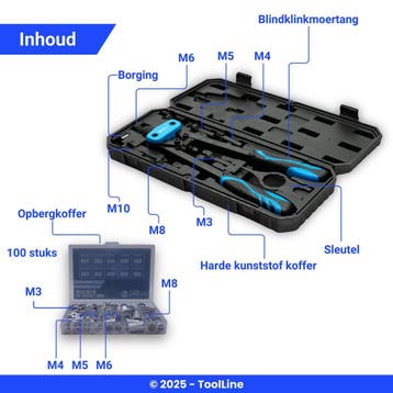 ToolLine | Blindklinkmoertang | Incl. blindklinkmoeren M3-M8, Verzenden, Nieuw