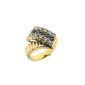 Gouden ring met saffier en diamanten; 0,50 ct., Gebruikt, Ophalen of Verzenden, Kleiner dan 17, Met edelsteen