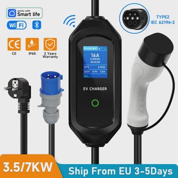 Draagbare EV Charger 3.5/7KW Type 2, 16A Snel Laadkabel met, Auto-onderdelen, Verzenden, Nieuw