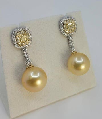 Oorbellen - 18 karaat Witgoud, 13 mm diepe gouden South Sea, Nieuw