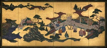 Een Japanse zesluik-bybu uit de Tosa-school met bladgoud,