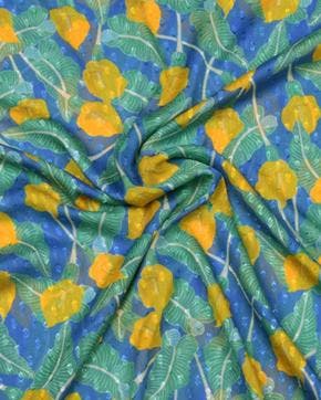 Polyester Voile Dobby Bloemen Geel/Blauw, Nieuw, Blauw