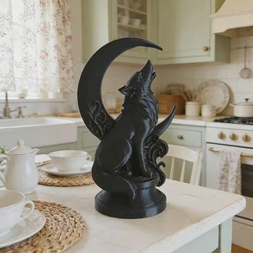 Wolf op Maan Totem Ornament - Decoratieve Beeldje voor Huis