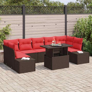 vidaXL Tuin Sofa Set 8 st 7-Aantal zitplaatsen Bruin en Rood, Verzenden, Nieuw, Rotan, 8 zitplaatsen