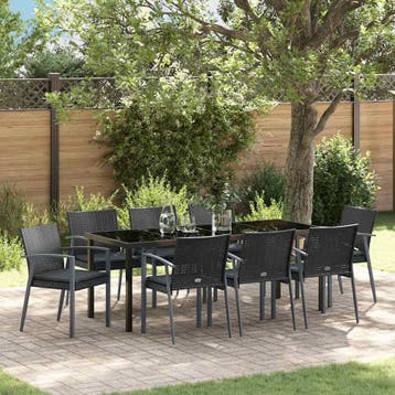 vidaXL Tuin eettafelset 9 st Zwart en Grijs PE Rattan, Verzenden, Nieuw, Rotan, Meer dan 8 zitplaatsen