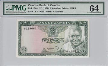 Zambia 2 Kwacha Nd1974 Pick 20a Pmg Choice Unc 64, Verzenden