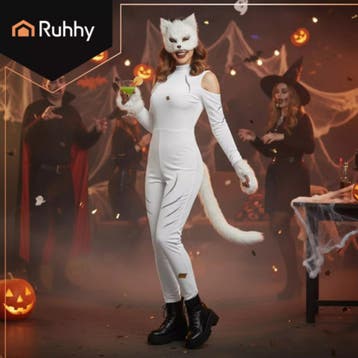 Ruhhy Witte verkleedset kat of vos – 4-delig met masker,.., Ophalen of Verzenden, Nieuw