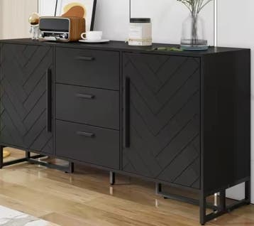Zwart Dressoir met Visgraat – 2 Deuren &amp; 3 Lades Modern, Huis en Inrichting, Verzenden, Nieuw