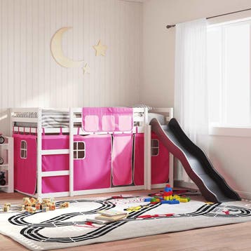 vidaXL Stapelbed met glijbaan en gordijnen roze 90x200 cm, 90 cm, Eenpersoons, Verzenden, Nieuw
