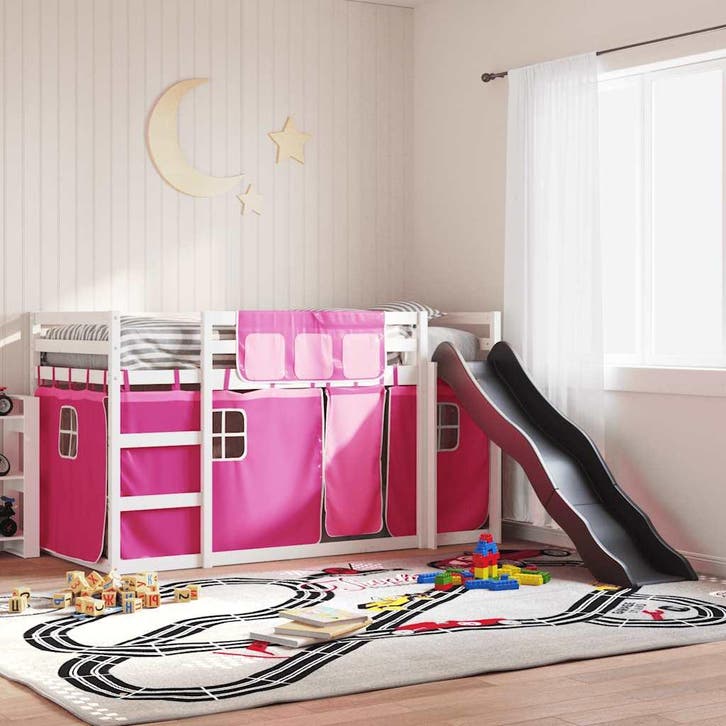 vidaXL Stapelbed met glijbaan en gordijnen roze 90x200 cm, Huis en Inrichting, Slaapkamer | Bedden, 90 cm, 200 cm, Eenpersoons