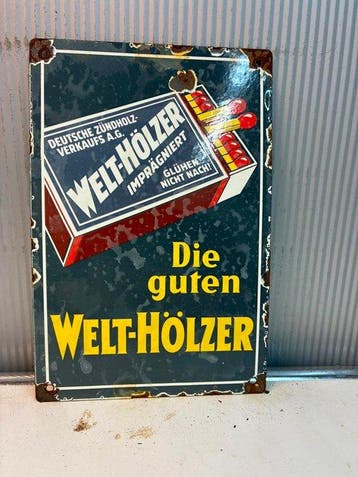 Welt-Hölzer – Duitse Lucifers – Emaille Reclamebord -, Antiek en Kunst