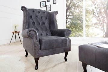 Chesterfield vleugelfauteuil antiekgrijs met knoopstiksel en, Ophalen of Verzenden, Nieuw