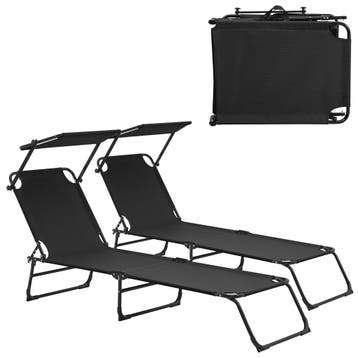 Ligbed ligstoel 187x53x27 cm met luifel set van 2 zwart, Tuin en Terras, Tuinsets en Loungesets, Verzenden, Nieuw