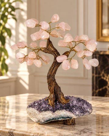 Prachtige rozenkwarts op Amethist Geode – Rozenkwarts Bonsai
