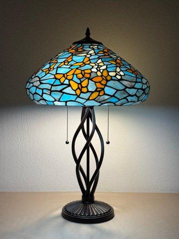 XXL Tiffany stijl tafellamp BLUE BUTTERFLY SCULPTURAL BASE