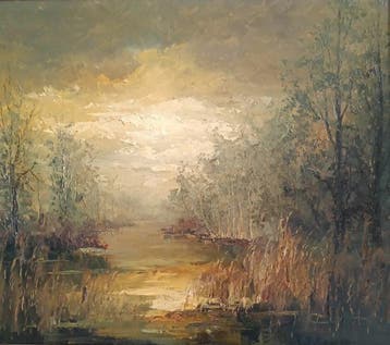 Peter Brouwer (1935-2010) - Schemering aan de plas