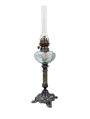Belle lampe pétrole Colonne en marbre et verre peint à la