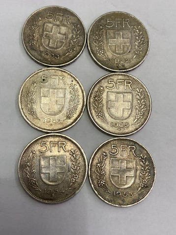 Zwitserland. 5 Francs 6x 1932/1967 (Zonder minimumprijs), Postzegels en Munten