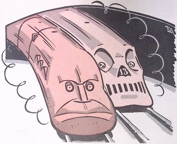 Spotprent met Benito Mussolini als trein (lijst optie), Verzenden