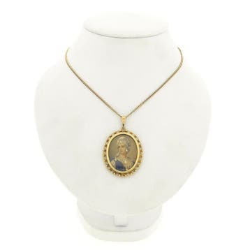 Antiek gouden hanger met emaille portret en diamanten; 0,..., Ophalen of Verzenden, Gebruikt, Goud, Overige merken