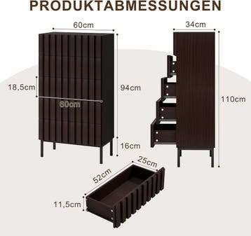 Commode - Dressoir - Ladekast - 60x34,5x110 cm - Bruin - UEV, Verzenden, Zo goed als nieuw