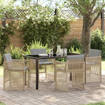 vidaXL Tuin eettafelset 5 st Beige Gepoedercoat staal, Tuin en Terras, Verzenden, Nieuw, Rotan, 5 zitplaatsen