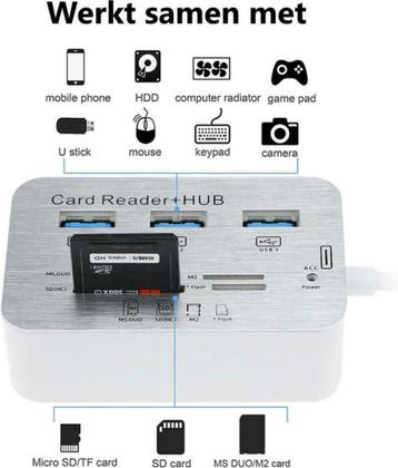 USB 3.0 Hub 3 Poorten Splitter &amp; Geheugenkaartlezer, Ophalen of Verzenden, Nieuw, Compudata