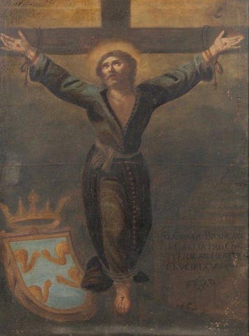 Scuola napoletana (XVII) - Crocifissione con stemma, Antiek en Kunst
