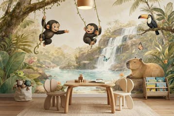 Jungle fotobehang kinderkamer – apen bij de waterval, Huis en Inrichting, Verzenden, Fotobehang