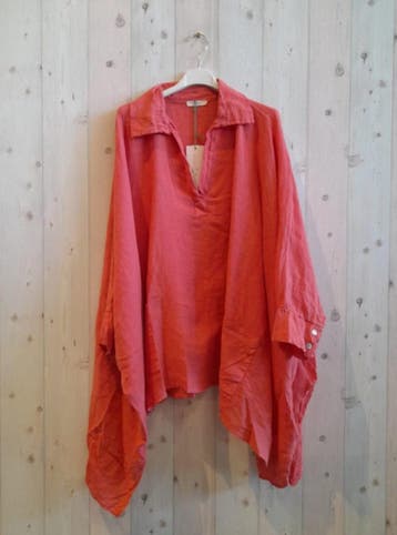 Oversized Linnen blouse met lange mouwen - krag en V-hals -, Nieuw