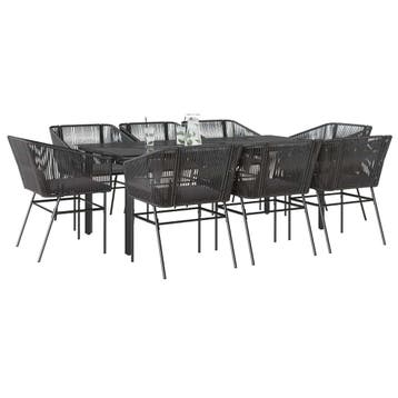 vidaXL 9-delige Tuinset met kussens poly rattan glas zwart, Nieuw, 8 zitplaatsen, Tuinset, Verzenden