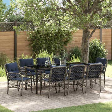 vidaXL Tuin eettafelset met kussen 9 pcs Grijs en zwart, Verzenden, Nieuw, Rotan, Meer dan 8 zitplaatsen