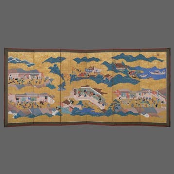 Byôbu  (vouwscherm) - Bladgoud, gelakt hout, zijde - Japan
