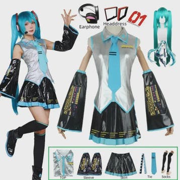 Compleet Miku Cosplay Kostuum: Zilverkleurig Leer & Zeemansj, Verzenden, Nieuw