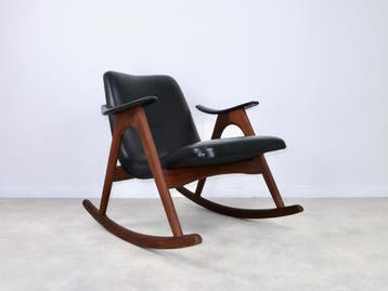 schommelstoel Louis van Teeffelen Wébé teak frame skai 60s, Huis en Inrichting, Fauteuils, Ophalen, Vintage, 75 tot 100 cm, Zo goed als nieuw