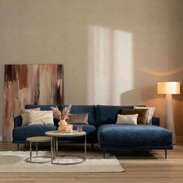 50% Korting: Velvet hoekbank Denver blauw rechts, Ophalen, Zo goed als nieuw, Velvet chique